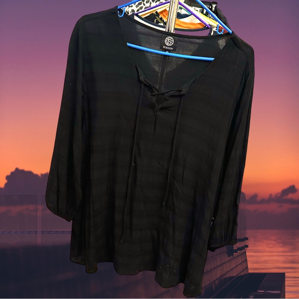 Bobeau Women’s plus-size Black Textured Lace-up 3/4th-sleeve Blouse Top💜💜2X